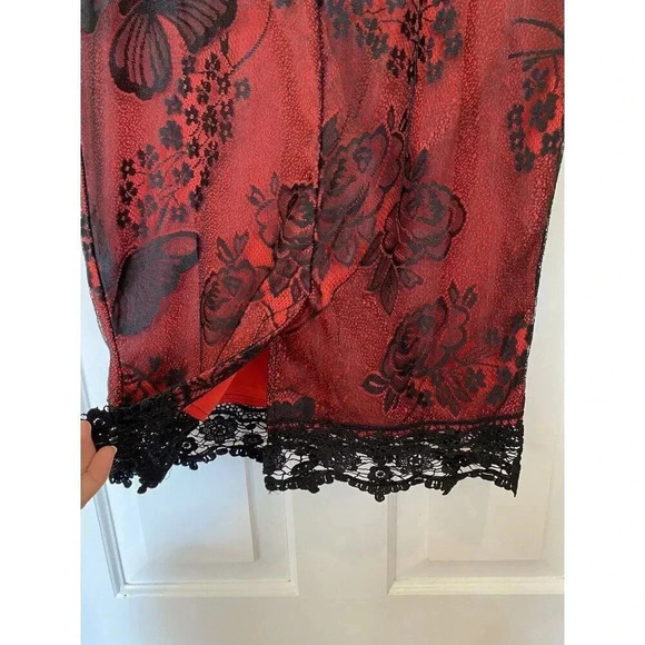 Kenancy NEW Whimsigoth Dark Fairycore Dress Sz L Red Black Lace Rose Butterflies - Picture 10 of 16